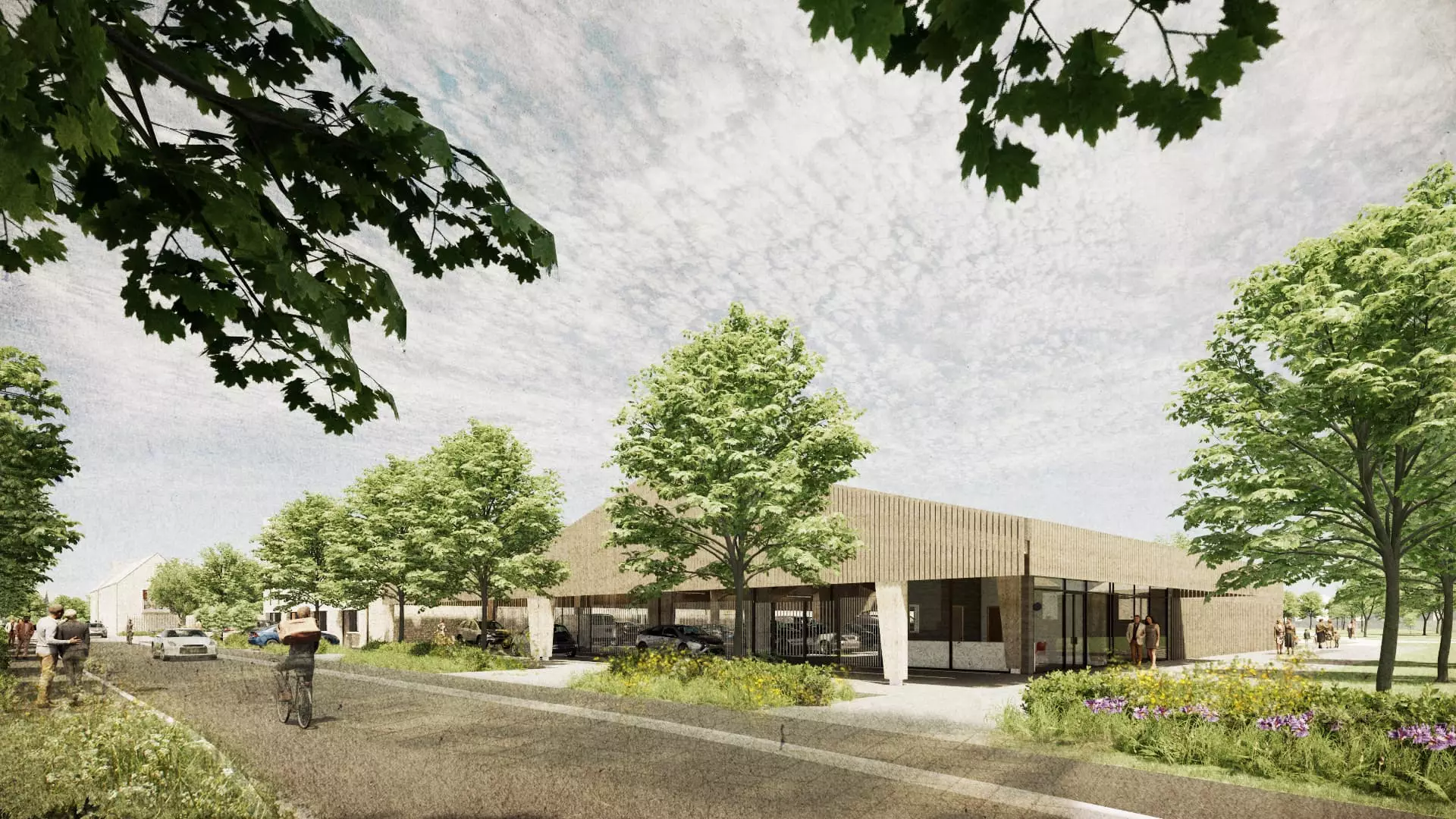 Illustration of a timber parking barn among trees on a new street