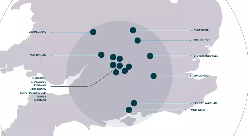 Map of southern England marking the locations of our sites, from Bromsgrove and Cheltenham to Bracknell and Winchester